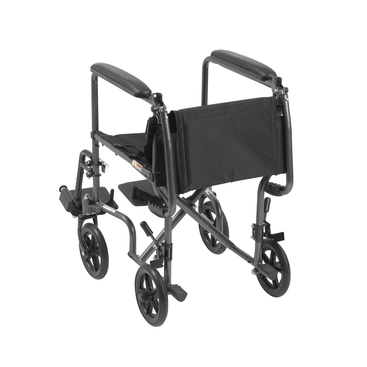 Rear three-quarter view of the Drive Medical steel transport chair and its push handles
